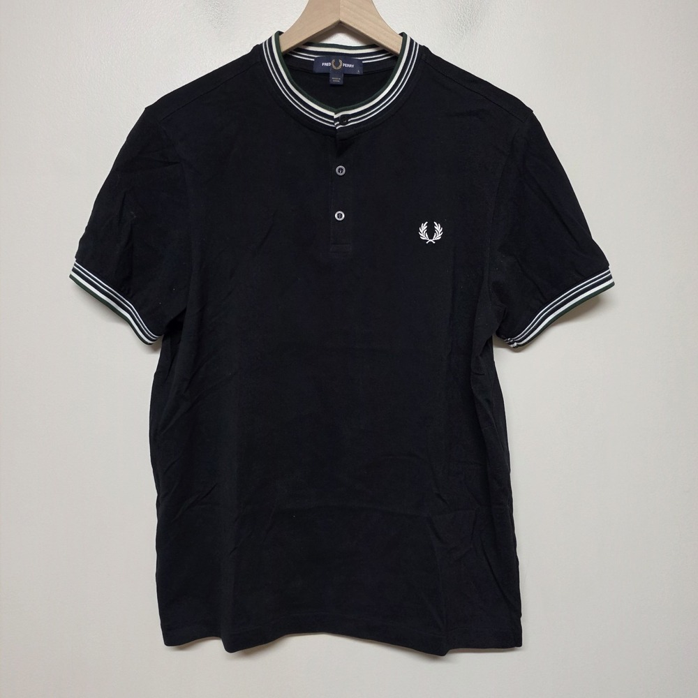 Fred Perry Polo Shirt Large Slim Fit Black Short Sleeve Cotton Collarless Henley